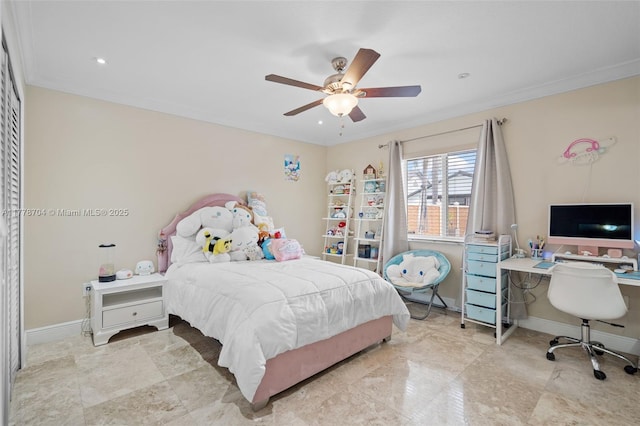 3663 SW 150th Ct, Miami, FL 33185 - bedroom featuring a desk, a ceiling fan, ornamental molding, and recessed lighting