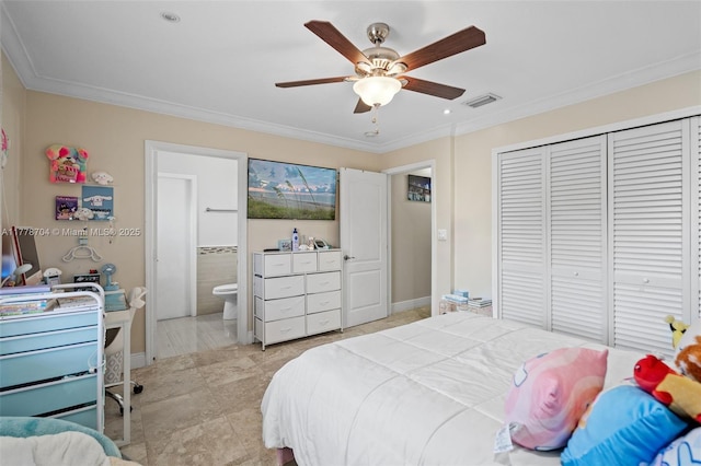 3663 SW 150th Ct, Miami, FL 33185 - bedroom featuring ornamental molding, a closet, a ceiling fan, and connected bathroom