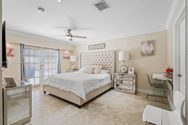 3663 SW 150th Ct, Miami, FL 33185 - bedroom with ornamental molding, french doors, access to exterior, a ceiling fan, and a textured ceiling