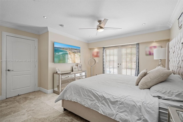 3663 SW 150th Ct, Miami, FL 33185 - bedroom featuring ornamental molding, a ceiling fan, french doors, and access to exterior