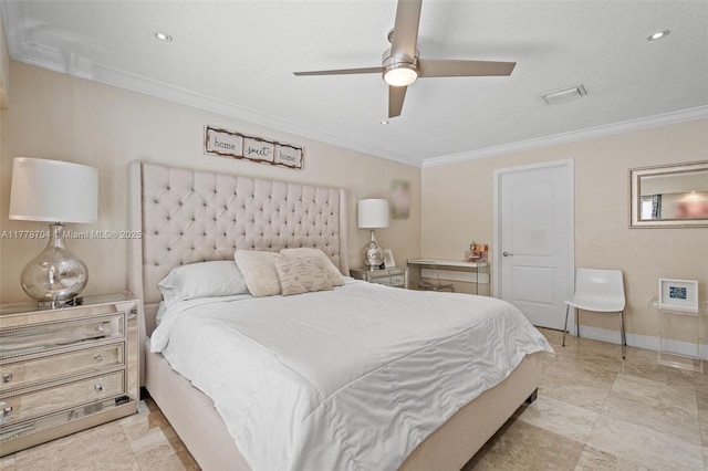 3663 SW 150th Ct, Miami, FL 33185 - bedroom featuring ornamental molding, ceiling fan, and recessed lighting