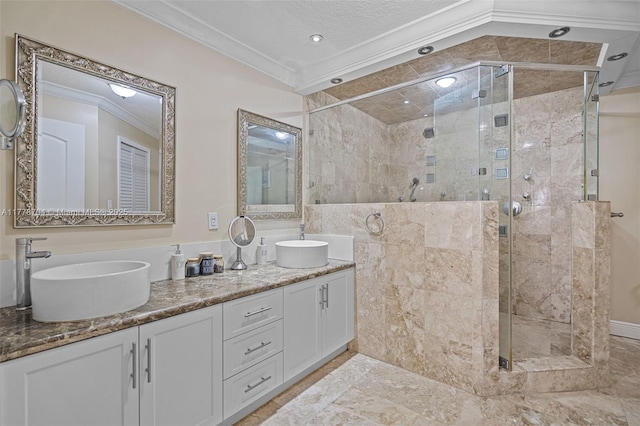 3663 SW 150th Ct, Miami, FL 33185 - full bathroom featuring ornamental molding, double vanity, a stall shower, a textured ceiling, and recessed lighting