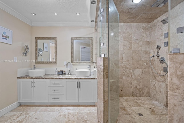 3663 SW 150th Ct, Miami, FL 33185 - bathroom featuring a stall shower, double vanity, ornamental molding, recessed lighting, and a textured ceiling