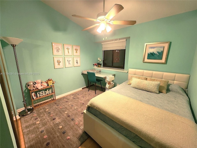 bedroom with baseboards, a ceiling fan, and vaulted ceiling
