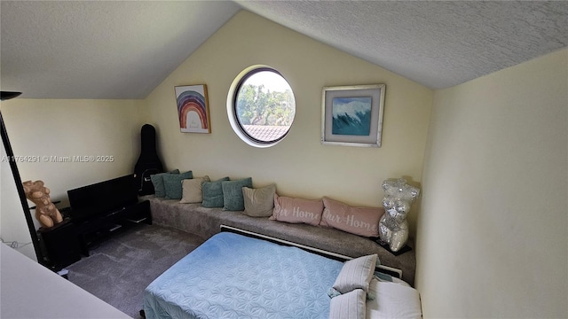 living room featuring dark carpet, lofted ceiling, and a textured ceiling