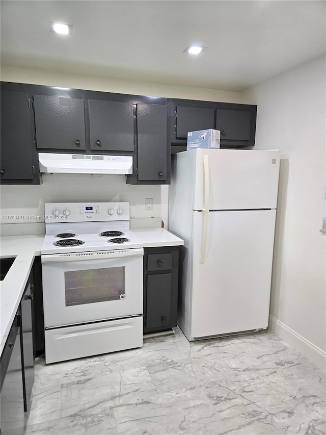 9311 Orange Grove Dr Unit 406, Davie, FL 33324 - kitchen with under cabinet range hood, white appliances, marble finish floor, and light countertops