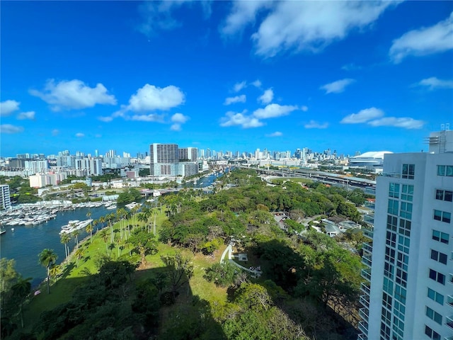 bird's eye view featuring a view of city and a water view