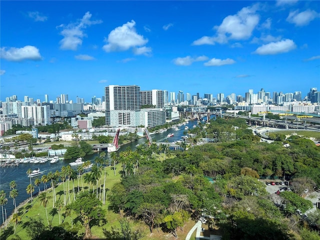 aerial view with a water view and a view of city