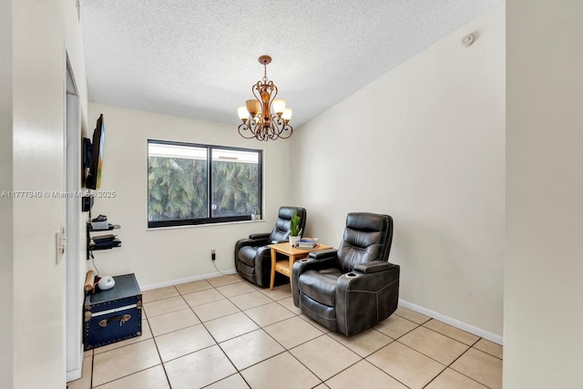14811 Archerhall St, Davie, FL 33331 - living area with a chandelier, a textured ceiling, light tile patterned floors, and baseboards