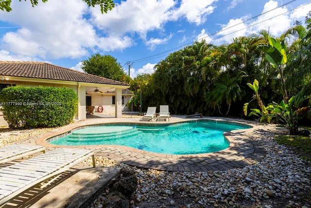 outdoor pool with ceiling fan and a patio area