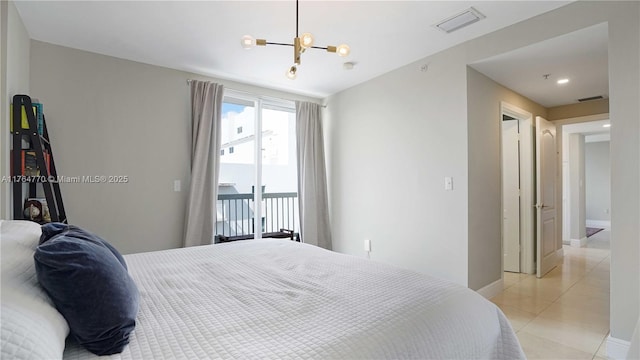2400 SW 27th Ave Unit 706, Miami, FL 33145 - bedroom featuring a chandelier, access to outside, light tile patterned flooring, and baseboards