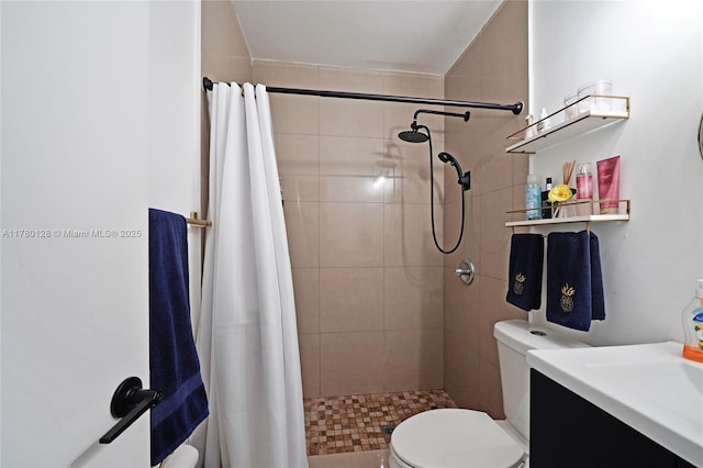 bathroom featuring toilet, vanity, and a stall shower