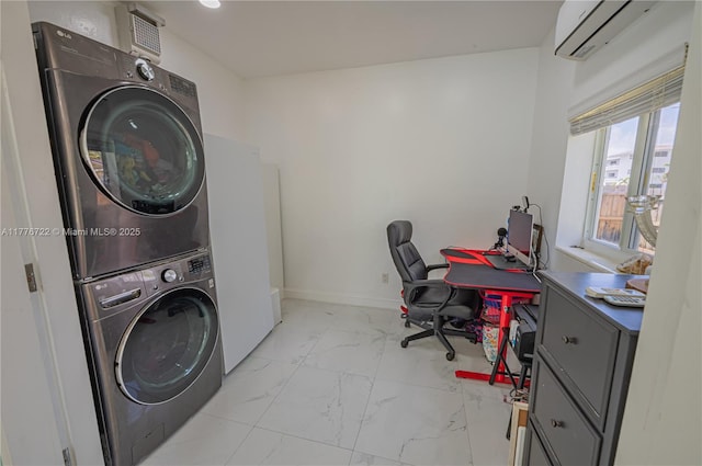 1901 NE 186th Dr, North Miami Beach, FL 33179 - laundry room with stacked washer / drying machine, laundry area, baseboards, an AC wall unit, and marble finish floor