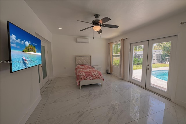 1901 NE 186th Dr, North Miami Beach, FL 33179 - bedroom featuring marble finish floor, access to exterior, an AC wall unit, baseboards, and french doors