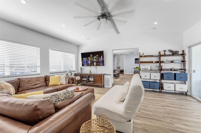19050 SW 144th Ave, Miami, FL 33177 - living area featuring lofted ceiling, ceiling fan, light wood-type flooring, recessed lighting, and baseboards
