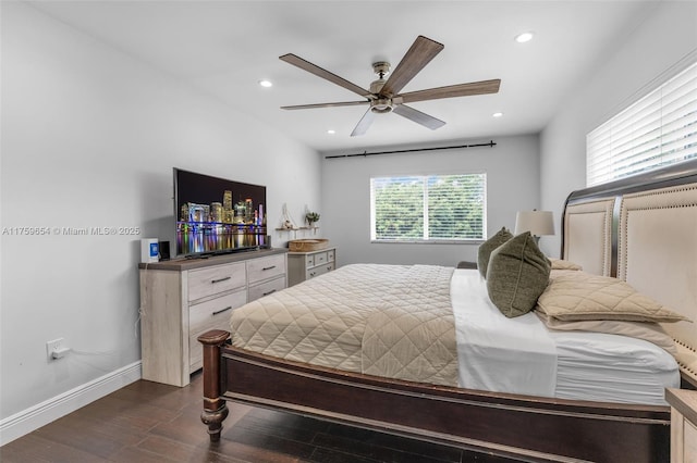 19050 SW 144th Ave, Miami, FL 33177 - bedroom with dark wood-style floors, recessed lighting, baseboards, and ceiling fan
