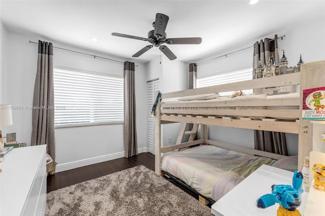 19050 SW 144th Ave, Miami, FL 33177 - bedroom featuring multiple windows, baseboards, recessed lighting, wood finished floors, and a ceiling fan