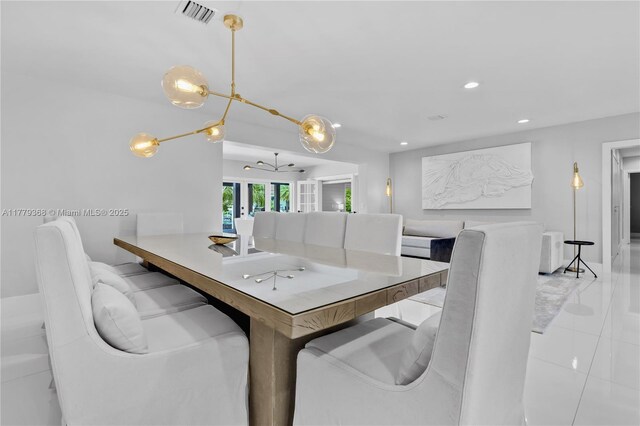 2243 Bayview Ln, North Miami, FL 33181 - dining area with recessed lighting, french doors, visible vents, and a chandelier