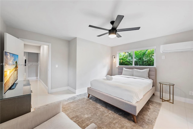 2243 Bayview Ln, North Miami, FL 33181 - bedroom with light tile patterned flooring, baseboards, a wall unit AC, and a ceiling fan