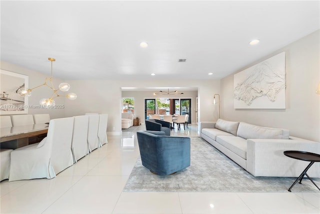 2243 Bayview Ln, North Miami, FL 33181 - tiled living room featuring recessed lighting, a chandelier, and visible vents
