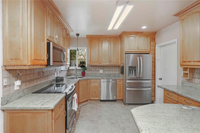 13130 NW 1st Ave, Miami, FL 33168 - kitchen featuring stainless steel appliances, a sink, light brown cabinets, and decorative backsplash