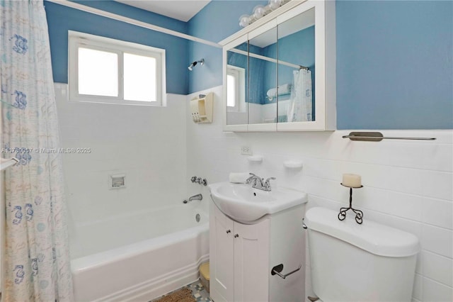 13130 NW 1st Ave, Miami, FL 33168 - bathroom with vanity, toilet, shower / bathtub combination with curtain, tile walls, and wainscoting