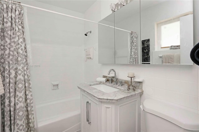 13130 NW 1st Ave, Miami, FL 33168 - bathroom with shower / tub combo with curtain, vanity, toilet, and tile walls
