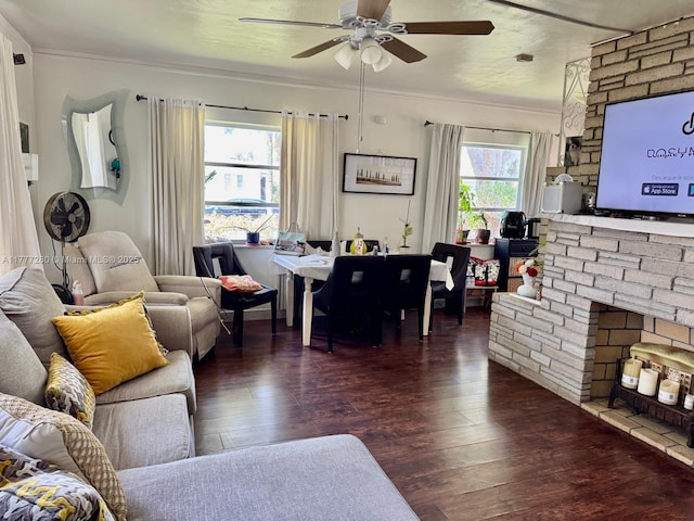 1734 Wiley St, Hollywood, FL 33020 - living room featuring crown molding, a large fireplace, a ceiling fan, and wood finished floors