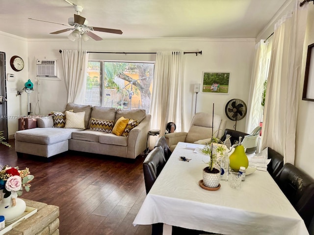 1734 Wiley St, Hollywood, FL 33020 - living area with dark wood-style flooring, a ceiling fan, crown molding, and a wall unit AC