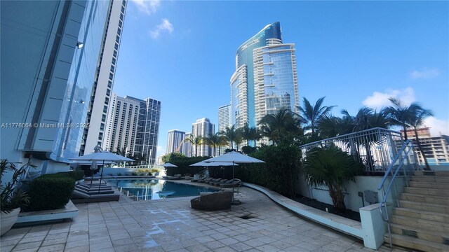 community pool featuring a city view and a patio area