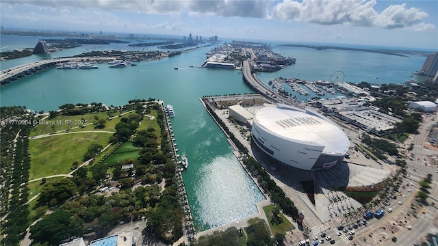 bird's eye view of a large body of water and numerous boat docks