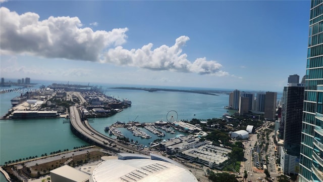 water view featuring nearby urban area and a marina