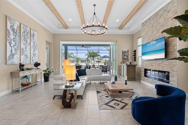 living room with light tile patterned floors, a notable chandelier, baseboards, and beam ceiling
