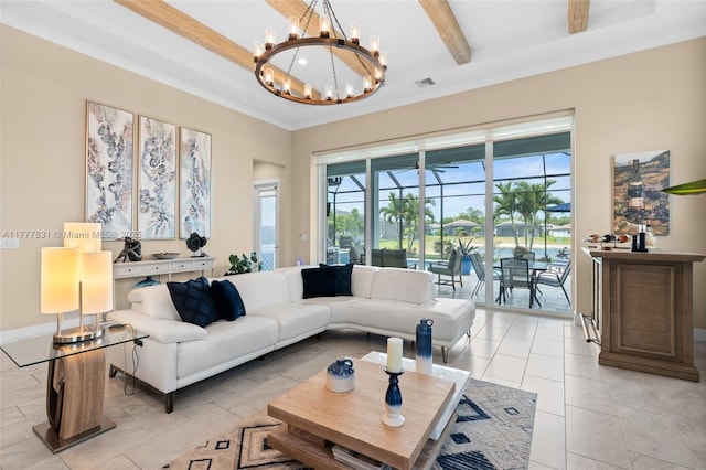 living room featuring visible vents, baseboards, light tile patterned floors, an inviting chandelier, and beamed ceiling