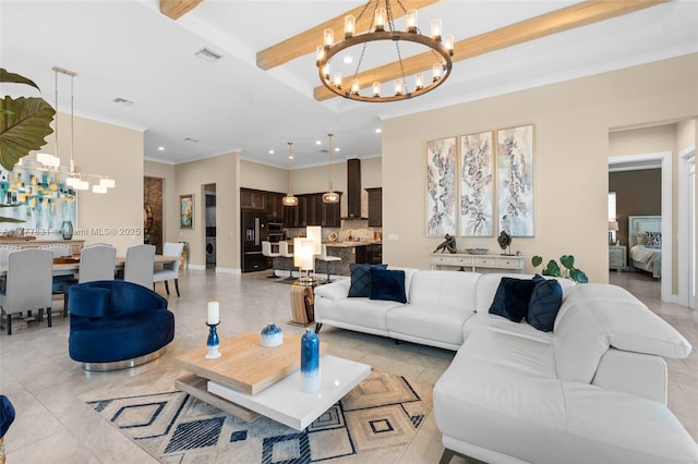 living area featuring visible vents, a chandelier, crown molding, beamed ceiling, and recessed lighting