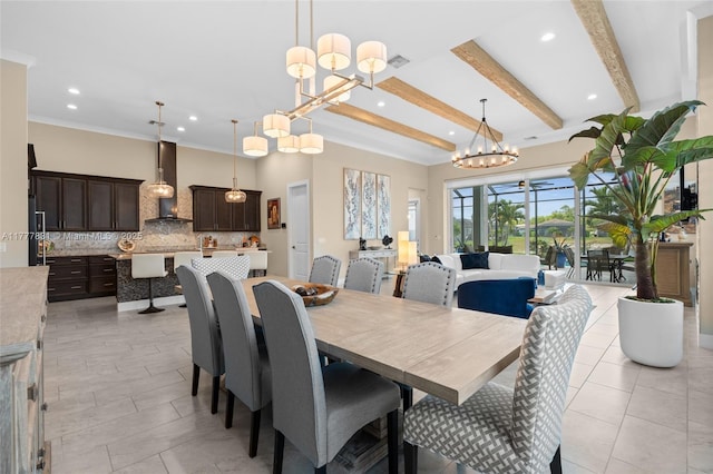 dining room with beamed ceiling, visible vents, recessed lighting, light tile patterned flooring, and a notable chandelier