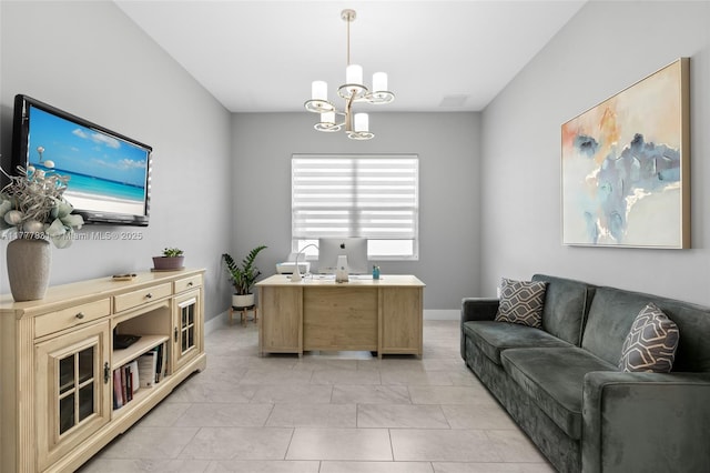 home office with light tile patterned floors, a notable chandelier, and baseboards