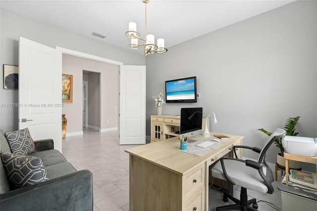 office with visible vents, baseboards, and an inviting chandelier