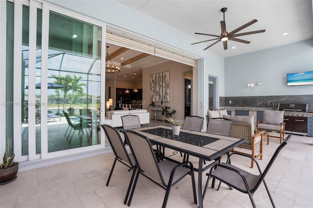 dining room with stone tile flooring, recessed lighting, and a ceiling fan