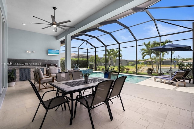 view of patio with outdoor dining space, an outdoor pool, a lanai, and ceiling fan