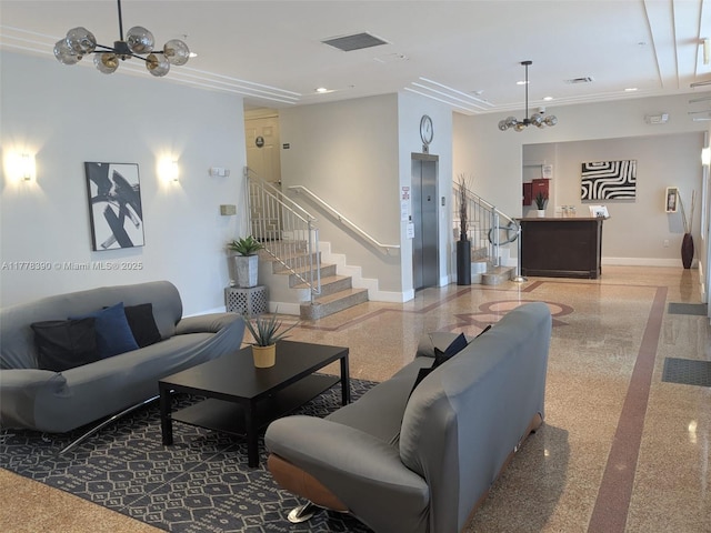 7326 Collins Ave Unit 102, Miami Beach, FL 33141 - living area featuring a chandelier, baseboards, stairway, elevator, and recessed lighting