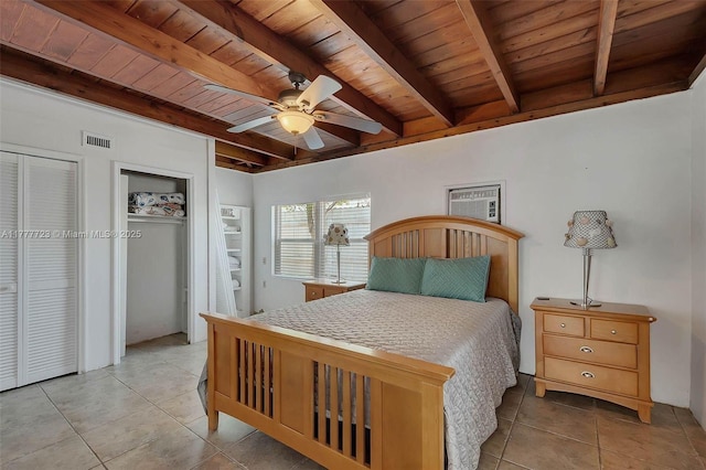 108 Long Ben Dr, Key Largo, FL 33037 - bedroom with beamed ceiling, ceiling fan, visible vents, wood ceiling, and tile patterned floors