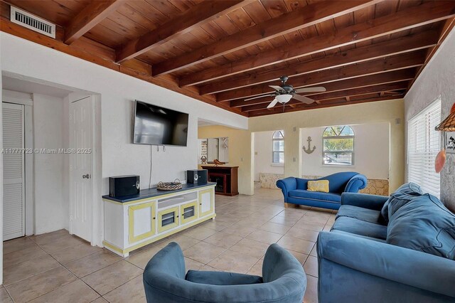 108 Long Ben Dr, Key Largo, FL 33037 - living area with visible vents, wooden ceiling, beam ceiling, and light tile patterned flooring