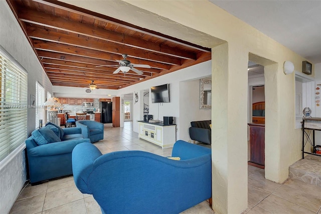 108 Long Ben Dr, Key Largo, FL 33037 - living room featuring beam ceiling, ceiling fan, and light tile patterned floors