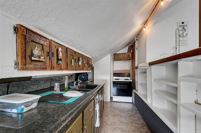 108 Long Ben Dr, Key Largo, FL 33037 - kitchen with range with electric cooktop, a sink, dark countertops, a textured ceiling, and vaulted ceiling