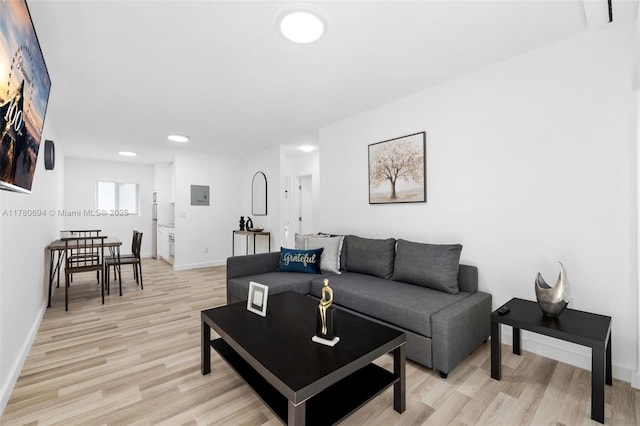 living area with electric panel, light wood-style floors, and baseboards