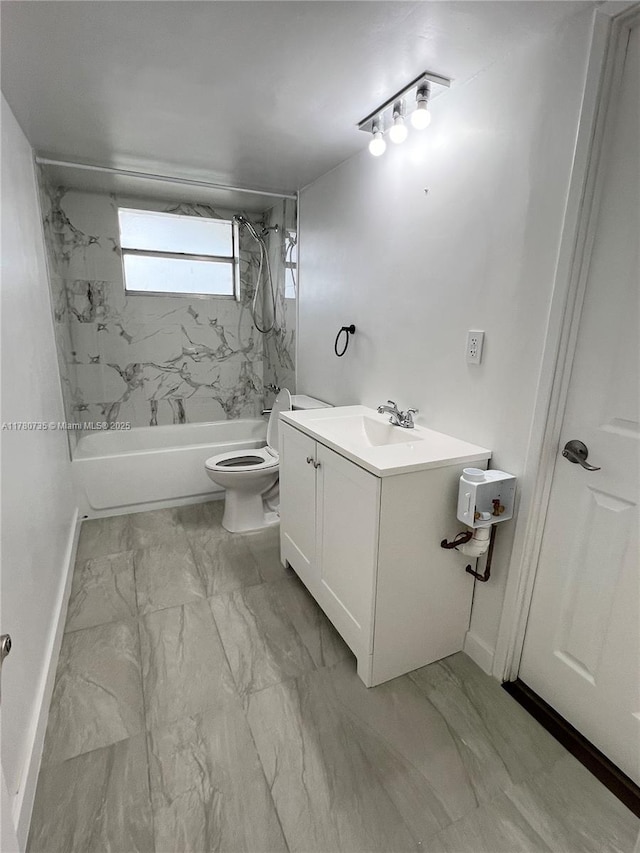 full bathroom featuring vanity, baseboards, toilet, bathtub / shower combination, and marble finish floor