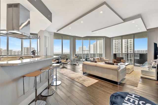 living area featuring recessed lighting, expansive windows, a view of city, and hardwood / wood-style floors