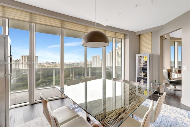 dining room featuring wood finished floors and a view of city