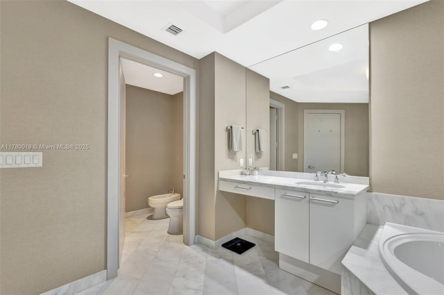 full bathroom with vanity, visible vents, recessed lighting, baseboards, and a bidet